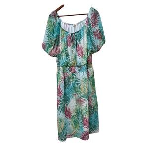 Joie De Vivre Tropical Palm Leaf Print Smocked Waist Dress 3X Resortwear